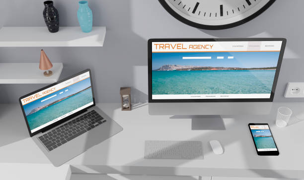 istock Laptop, desktop computer ,mobile and tablet 3d rendering travel agency website mockup .3d illustration 1257197694