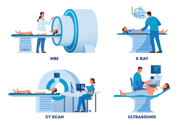 mrt- und röntgenscanner, ultraschall und ct-skan. - scientific imaging technique illustrations stock-grafiken, -clipart, -cartoons und -symbole