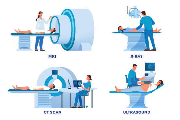 MRI and X-Ray scanner, Ultrasound and CT skan. MRI and X-Ray scanner, Ultrasound and CT skan. Doctor and patient on medical examination. Modern hospital diagnostic equipment. Health care concept. Vector illustration set in cartoon style mri scanner stock illustrations