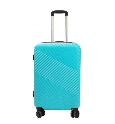 Modern Aqua blue suitcase with wheels isolated on a white background