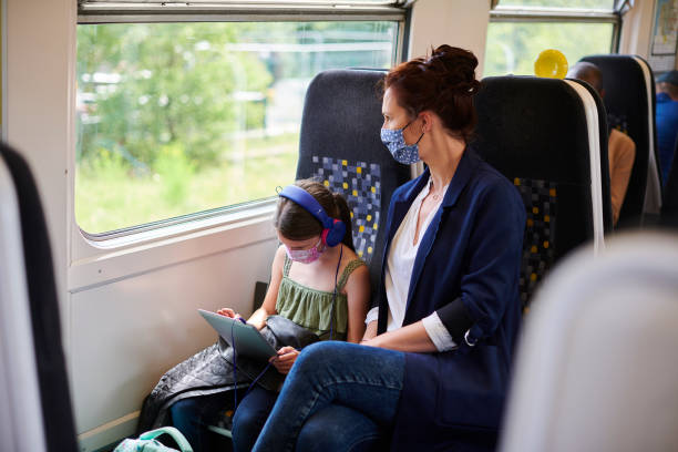 istock mother and daughter travelling by train safely 1257199451