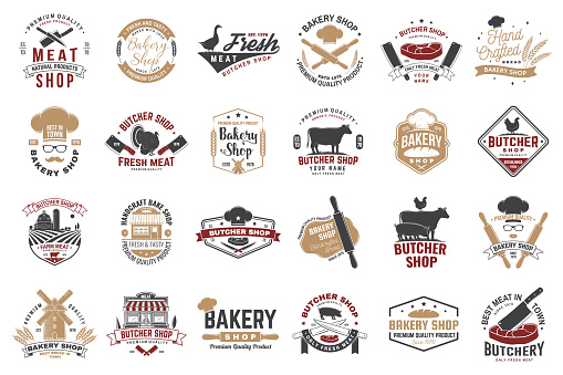 Set of butcher shop and Bakery shop badge, label. Vector. Vintage typography design with cow, chicken, rolling pin, dough, silhouette. For restaurant identity objects, packaging, menu