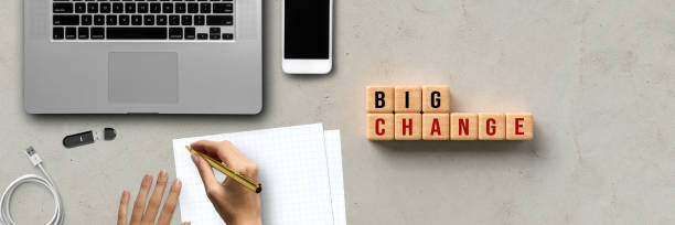 istock hand is writing on paper and cubes with message BIG CHANGE 1257201868
