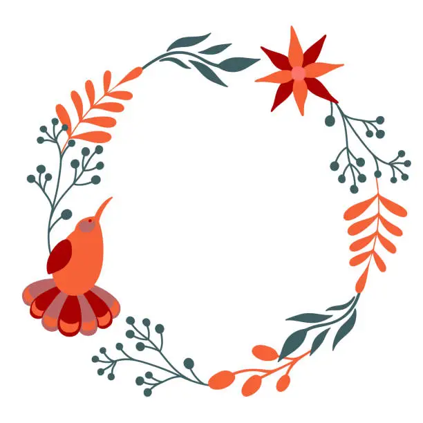 Vector illustration of Beautiful Floral wreath with bird. Vector decorative round frame with stylised flowers and bird. Decoration in naive Scandinavian style.