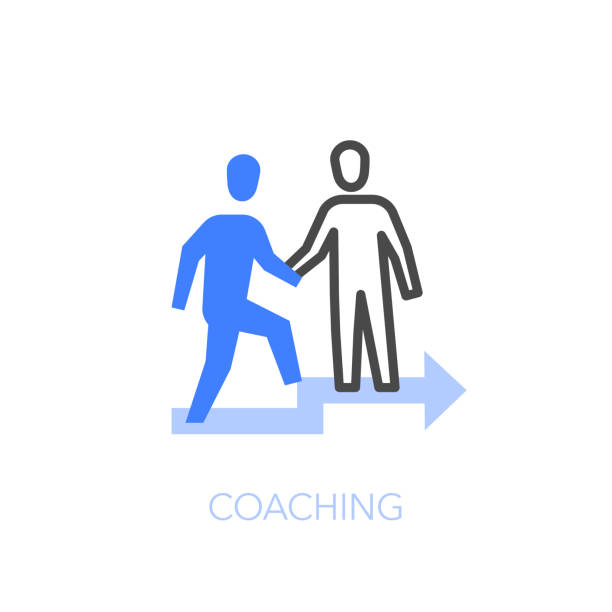 Coaching symbol with two people, one helping the other on the stairs Coaching symbol with two people, one helping the other on the stairs. Easy to use for your website or presentation. autocratic leadership stock illustrations