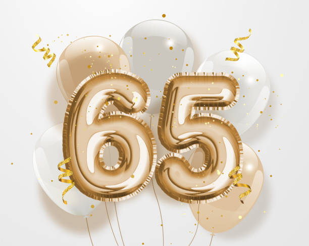 Happy 65th birthday gold foil balloon greeting background. Happy 65th birthday gold foil balloon greeting background. 65 years anniversary logo template- 65th celebrating with confetti. Vector stock. 65 stock illustrations