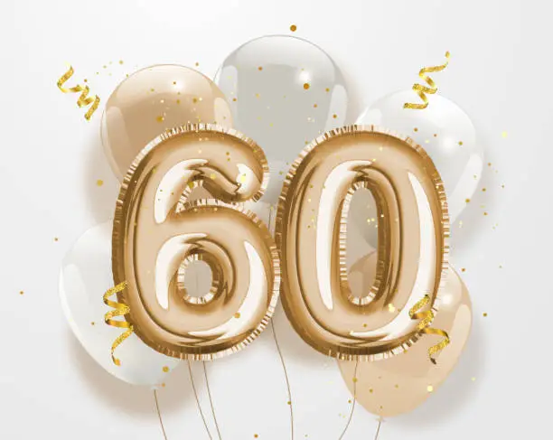 Vector illustration of Happy 60th birthday gold foil balloon greeting background.