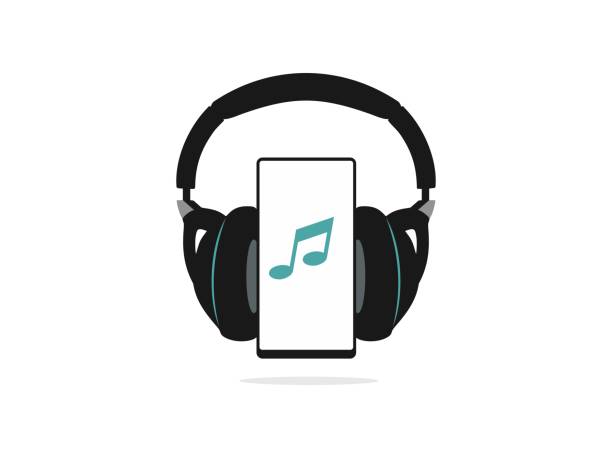istock Black wireless headphones and mobile phone icon with a green music symbol on the screen, isolated on a white background. Smartphone playing music on headphones. 1257206677