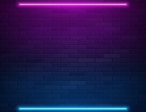 Retro Abstract Blue And Purple Neon Lights On Black Brick Wall With Empty Space For Text. Vector Illustration. Abstract Futuristic Neon Glowing Background