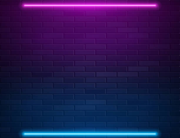 Retro Abstract Blue And Purple Neon Lights On Black Brick Wall Retro Abstract Blue And Purple Neon Lights On Black Brick Wall With Empty Space For Text. Vector Illustration. Abstract Futuristic Neon Glowing Background brick wall stock illustrations