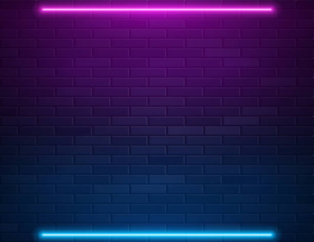 Retro Abstract Blue And Purple Neon Lights On Black Brick Wall Retro Abstract Blue And Purple Neon Lights On Black Brick Wall With Empty Space For Text. Vector Illustration. Abstract Futuristic Neon Glowing Background black light party stock illustrations