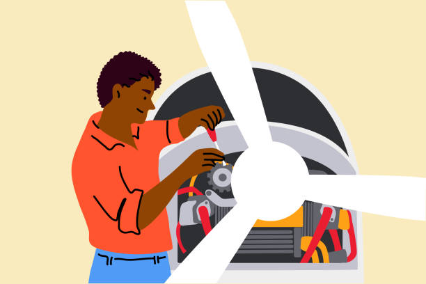 Work, repair, engineering, mechanics concept Work, repair, engineering, mechanics concept. Young smiling african american man or guy mechanic character inspecting and working on airplane jet engine in hangar. Aircraft maintenance illustration. airplane mechanic stock illustrations