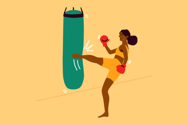 Sport, strength, fight, training, fitness concept Sport, strength, fight, training, fitness concept. Young strong african american woman girl character with boxing gloves and sportswear kicking bag in gym. Active recreation and workout illustration. boxing gym stock illustrations