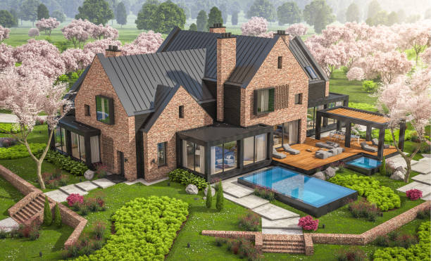istock 3d rendering of modern clinker house on the ponds in spring 1257208777