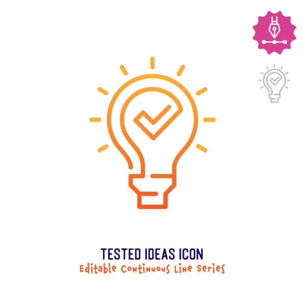 Tested Ideas Continuous Line Editable Stroke Line Tested ideas vector icon illustration for logo, emblem or symbol use. Part of continuous one line minimalistic drawing series. Design elements with editable gradient stroke line. single line power isolated electricity stock illustrations