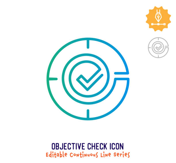 Objective Check Continuous Line Editable Stroke Line Objective check vector icon illustration for logo, emblem or symbol use. Part of continuous one line minimalistic drawing series. Design elements with editable gradient stroke line. aspire logo stock illustrations