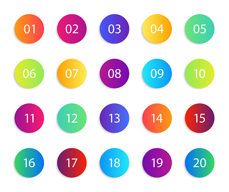 Number with circle. Gradient round icons. Set of infographic points, bullets. List from 1 to 20 for circular button. Design bubbles for interface. Modern neon symbol. Multicolor steps for web. Vector.