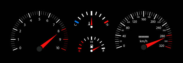 Car speedometer, dashboard, tachometer and temperature gauge. Vehicle with digital display. Scale of gage of fuel, speed, rpm. 3d panel with instrument. Velocity motorbike, car with odometer. Vector. Car speedometer, dashboard, tachometer and temperature gauge. Vehicle with digital display. Scale of gage of fuel, speed, rpm. 3d panel with instrument. Velocity motorbike or car with odometer. Vector car odometer stock illustrations