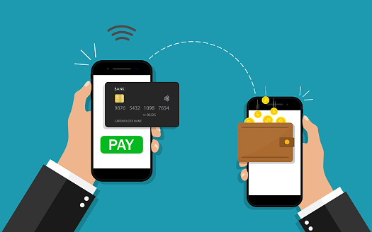 Money transfer from phone. Online payment in mobile. Hand holding smartphone with transaction of cashback, pay. Send, receive money from card on electronic wallet. App with wireless, easy pay. Vector.