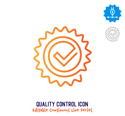 Quality control vector icon illustration for logo, emblem or symbol use. Part of continuous one line minimalistic drawing series. Design elements with editable gradient stroke line.
