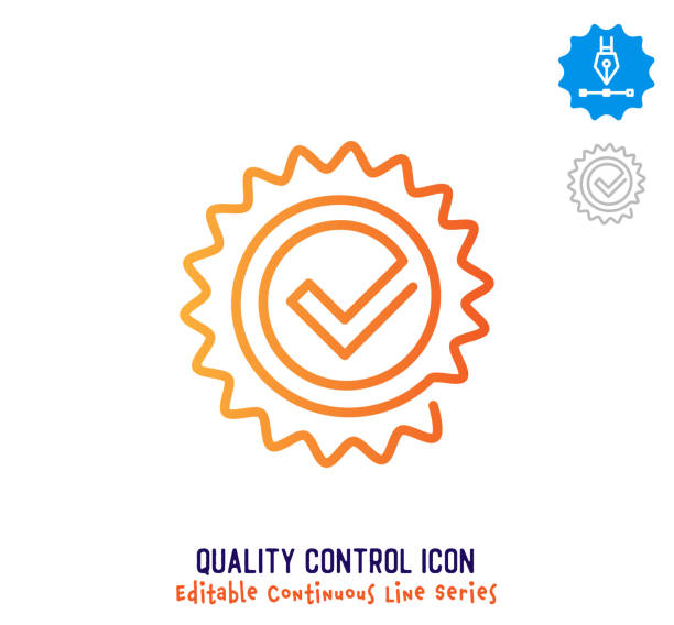 Quality Control Continuous Line Editable Stroke Line Quality control vector icon illustration for logo, emblem or symbol use. Part of continuous one line minimalistic drawing series. Design elements with editable gradient stroke line. quality stock illustrations