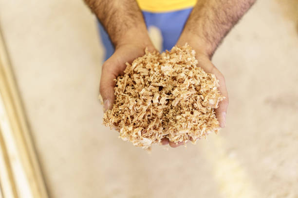 Directly above background with plank and wood chips, copy space