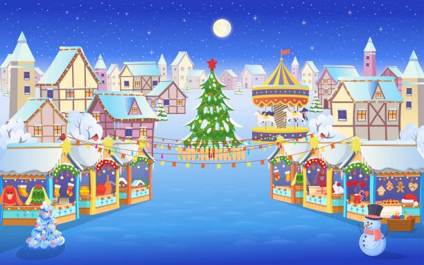weihnachtsmarkt mit menschen ein weihnachtsbaum, karussell mit pferden und häuser. vektor-illustration im cartoon-stil. - weihnachtsmarkt stock-grafiken, -clipart, -cartoons und -symbole