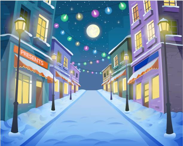 ilustrações de stock, clip art, desenhos animados e ícones de road over the street with lanterns and a garland. vector illustration of winter city street in cartoon style. - light shop