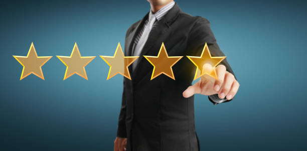 istock Hand of touching rise on increasing five stars. Increase rating evaluation 1257214946
