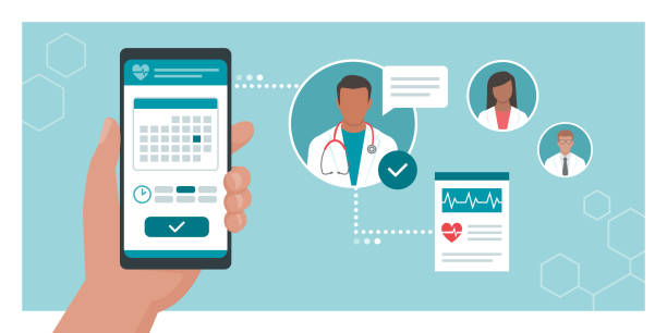 Book your doctor online Book your doctor online: patient booking his appointment with a doctor using a mobile app, healthcare and technology concept contact book stock illustrations