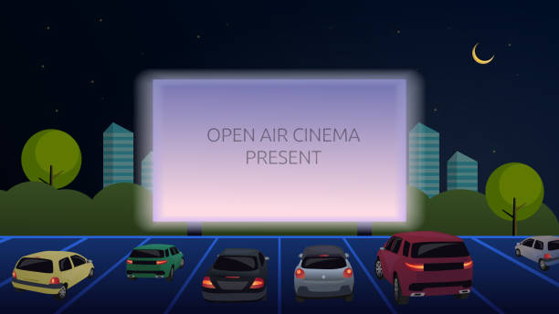 Open-air cinema for street cars. Cars watch a movie in an open parking lot at night. Large outdoor screen glows in the dark, against the backdrop of the evening city. Vector. Cartoon illustration Open-air cinema for street cars. Cars watch a movie in an open parking lot at night. Large outdoor screen glows in the dark, against the backdrop of the evening city. Vector. Cartoon illustration. EPS woman driving car night stock illustrations