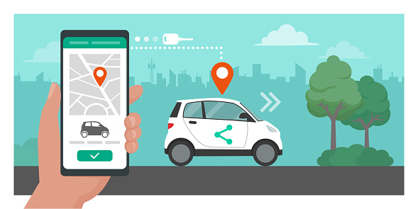 Car sharing app: man booking his car online using a mobile app