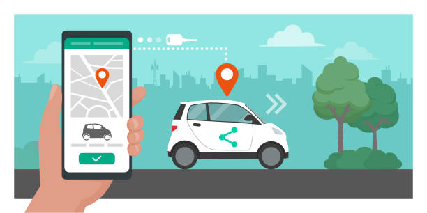 Car sharing app Car sharing app: man booking his car online using a mobile app choosing illustrations stock illustrations