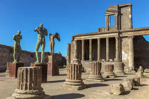 City of Pompeii, Province of Naples, Italy - August 13, 2016 - Bronze sculptures in the ruin of the Basilica of the historic city of Pompeii