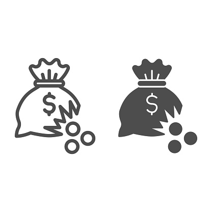 Bag of money with hole and coins line and solid icon, financial problem concept, leaking coins from torn money bag sign on white background, Hole in moneybag icon in outline style. Vector graphics