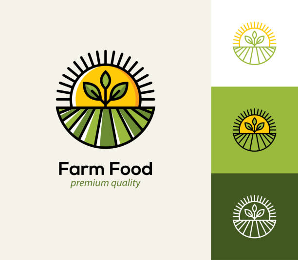 Agriculture  with farm field, plant and sun. Agriculture vector  with farm field, plant and sun. Natural and organic farming icon, symbol. agro stock illustrations