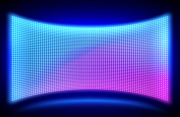 Led wall video screen with glowing dot lights Led concave wall video screen with glowing blue and purple dot lights on black background. Vector illustration of grid pattern for led display on stadium or scene. Digital panel with mesh diode lamps stage stock illustrations