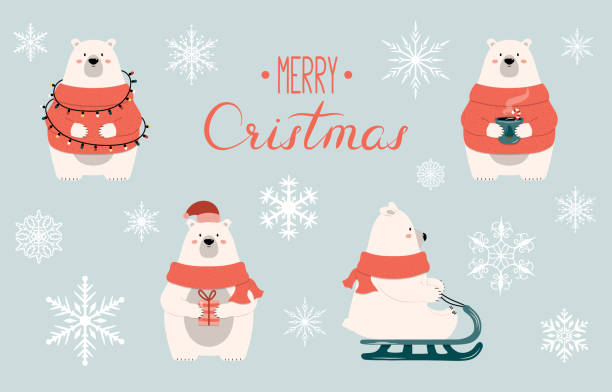 Set of cartoon Christmas polar bear characters with gift, garland, hot chocolate and sleigh. Vector isolated funny happy new year illustration for xmas cards, banners and labels. Set of cartoon Christmas polar bear characters with gift, garland, hot chocolate and sleigh. Vector isolated funny happy new year illustration for xmas cards, banners and labels. polar bear stock illustrations