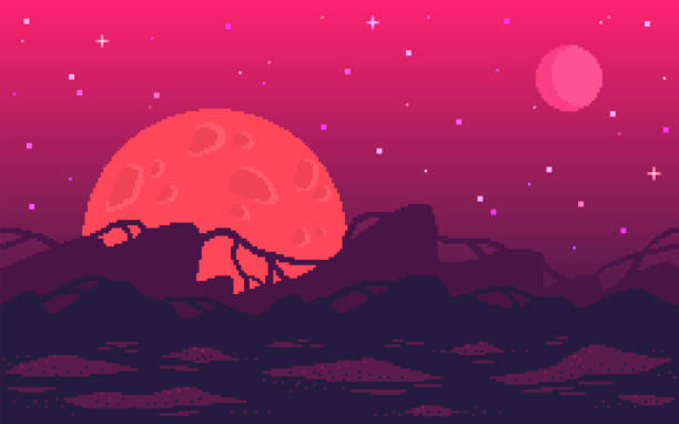 Pixel art game location. Alien red planet with strange plants. Pixel art game location. Alien red planet with strange plants. Seamless vector background. space invaders game stock illustrations