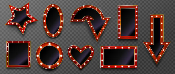 Vector realistic frames with light bulbs Frames with light bulbs for retro sign on circus marquee or casino isolated on transparent background. Vector realistic mockup of arrow, star and heart shape makeup mirror with red and gold borders mirror object borders stock illustrations