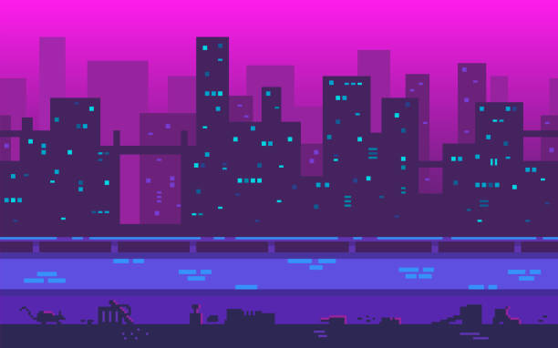 ilustrações de stock, clip art, desenhos animados e ícones de pixel art playground. metropolis with skyscrapers in the evening. - bit