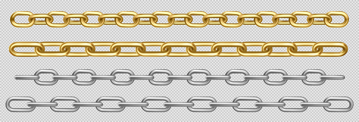 Metal chain of silver, chrome, steel or golden links. Border with connected stainless rings. Straight heavy grey, yellow decorative elements isolated on transparent background realistic 3d vector set
