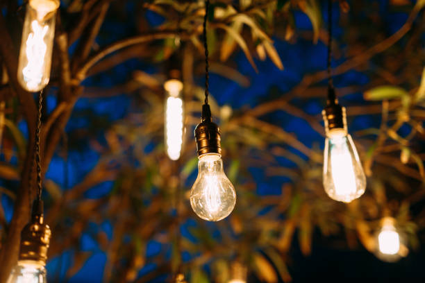 istock Retro garlands. Led-lamps overnight under a tree. 1257228173