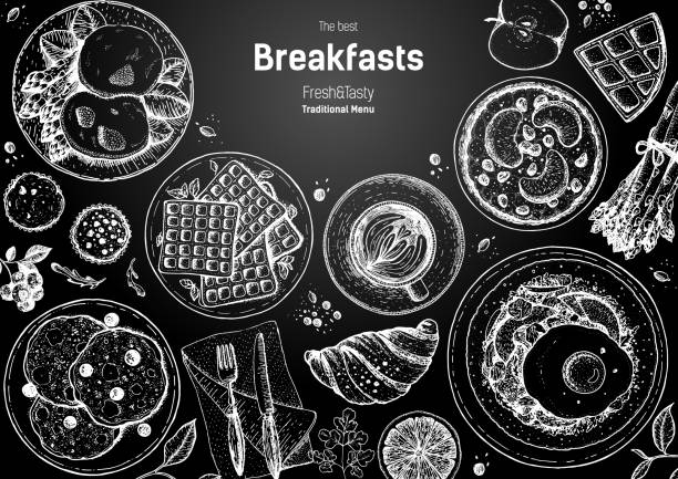 ilustraciones, imágenes clip art, dibujos animados e iconos de stock de desayunos con vista superior marco. diseño del menú de comida de la mañana. recogida de platos de desayuno y brunch. vintage dibujado a mano, ilustración vectorial. estilo grabado. - breakfast pancake oatmeal muffin