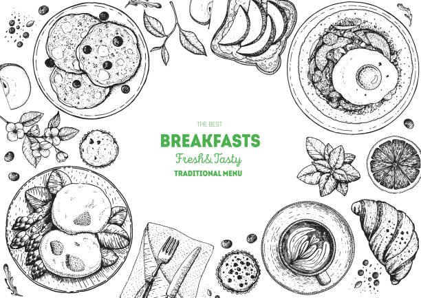 ilustraciones, imágenes clip art, dibujos animados e iconos de stock de desayunos con vista superior marco. diseño del menú de comida de la mañana. recogida de platos de desayuno y brunch. vintage dibujado a mano, ilustración vectorial. estilo grabado. - breakfast pancake oatmeal muffin