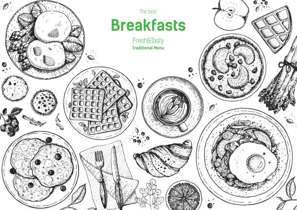 아침 식사 상단 보기 프레임. 아침 음식 메뉴 디자인. 아침 식사와 브런치 요리 컬렉션. 빈티지 손으로 그린 스케치, 벡터 일러스트. 각인 된 스타일. - waffle breakfast food sweet food stock illustrations