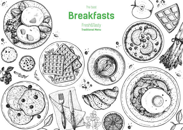 śniadania z widokiem z góry. poranne menu. kolekcja dań śniadaniowych i brunchesowych. vintage ręcznie rysowane szkic, ilustracja wektorowa. grawerowany styl. - breakfast stock illustrations