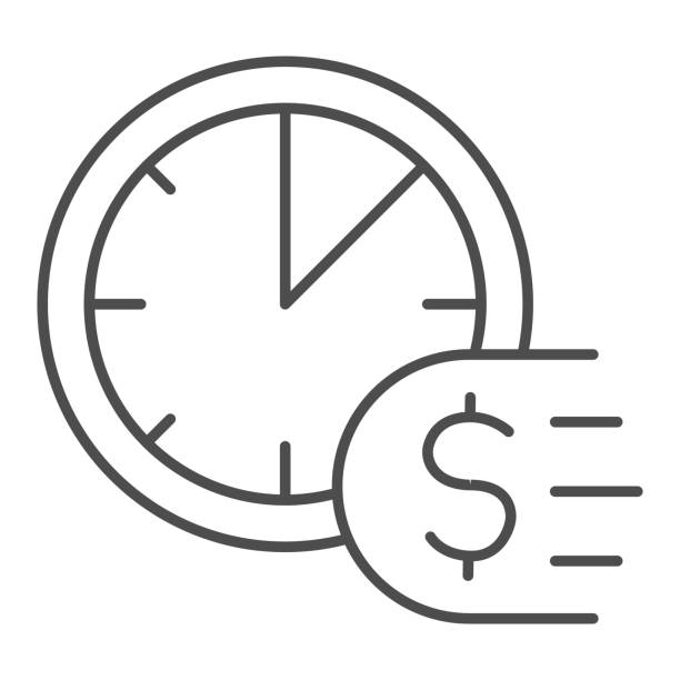 ilustraciones, imágenes clip art, dibujos animados e iconos de stock de reloj y dólar icono de línea delgada, concepto de problema de pago, tiempo es un signo de dinero en fondo blanco, fecha límite para el icono de pago en estilo de esquema para el concepto móvil y el diseño web. gráficos vectoriales. - time makes money