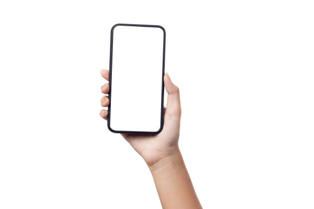 istock Hand woman holding mockup smartphone with blank screen isolated on white background with clipping path 1257236113