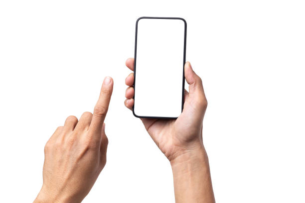 istock Hand man holding mockup mobile smartphone with blank screen isolated on white background with clipping path 1257236119